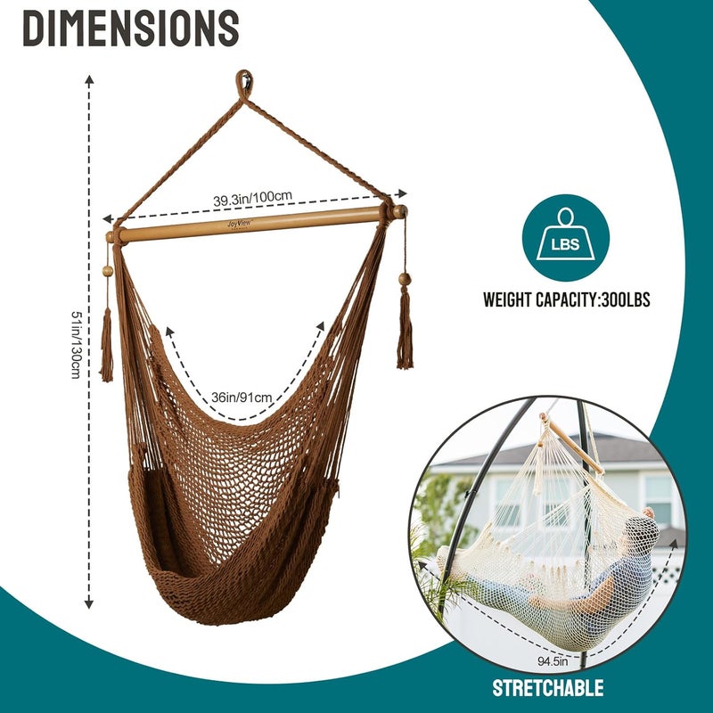 JoyView Hammock Chair with Spreader Bar Caribbean Hammock Swing Chair 300 LBS Weight Capacity XL Rope Hanging Chair for Outdoor Indoor Garden Yard - Brown - Image 3